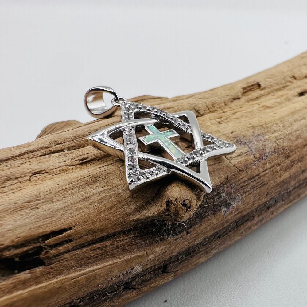 Sterling Silver Star of David Lab Opal Cross CZ Pendant - Picture 3 of 7